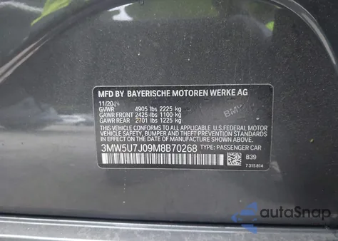 2021 BMW 3 Series M340I из США, поврежденный, VIN 3MW5U7J09M8B70268